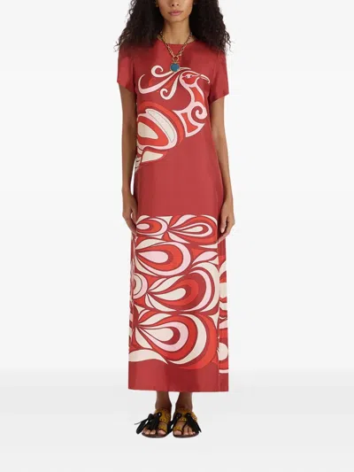 La Doublej Swing Bird-print Silk Maxi Dress In Burgundy