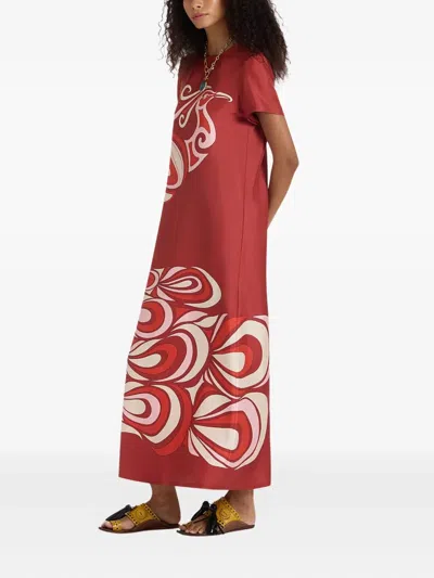 La Doublej Swing Bird-print Silk Maxi Dress In Burgundy