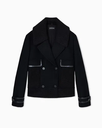Emporio Armani Double-breasted Peacoat With Faux Leather Trim In Black