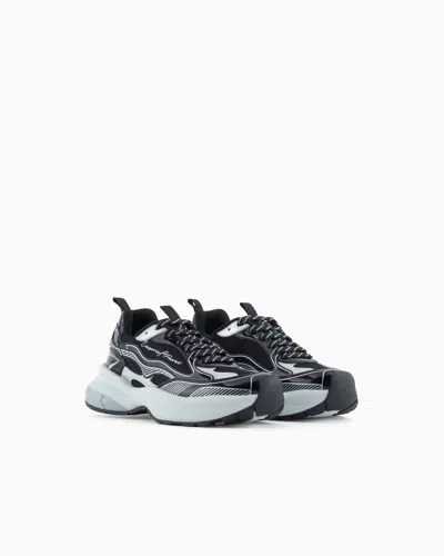 Emporio Armani Mesh Sneakers With Laminated Details And Signature Logo In Multi