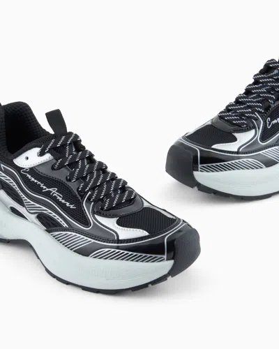 Emporio Armani Mesh Sneakers With Laminated Details And Signature Logo In Multi