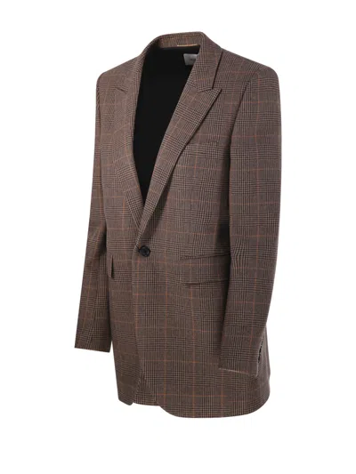 Saint Laurent Prince Of Wales Wool Jacket In Brown