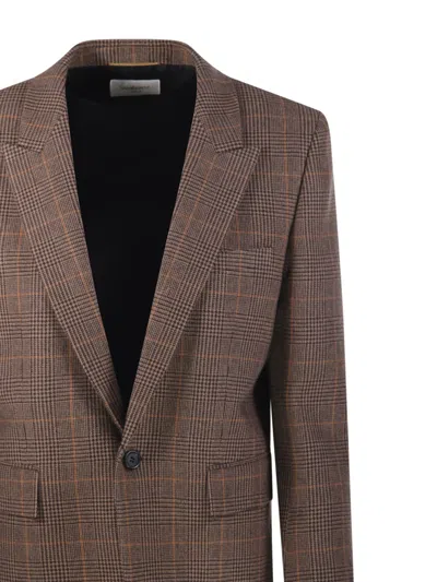 Saint Laurent Prince Of Wales Wool Jacket In Brown