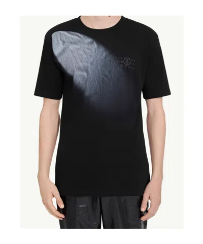 Mm6 Maison Margiela Mm6 By Maison Margiela Gradient Effect Black T-shirt With Subtle Graphic Print In Blue