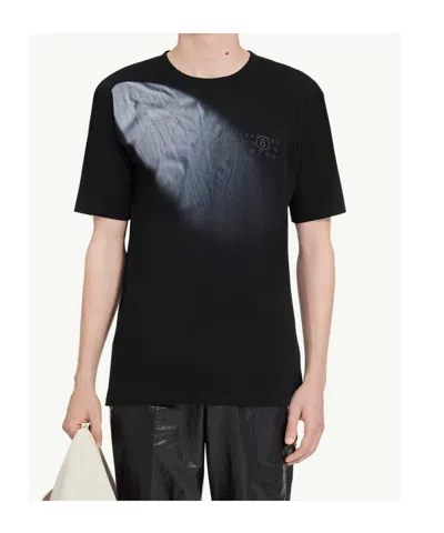 Mm6 Maison Margiela Mm6 By Maison Margiela Gradient Effect Black T-shirt With Subtle Graphic Print In Blue