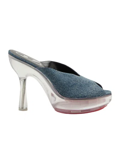 Diesel Denim Peep Toe Platform Mules With Transparent Heel In Blue