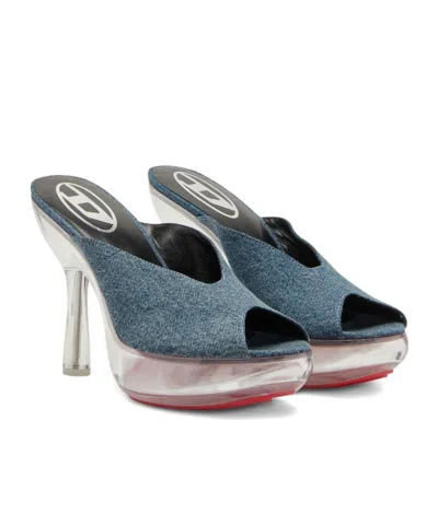 Diesel Denim Peep Toe Platform Mules With Transparent Heel In Blue