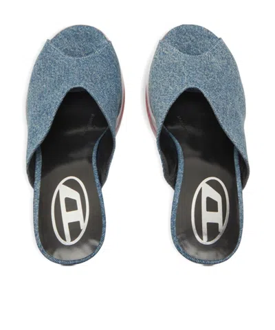 Diesel Denim Peep Toe Platform Mules With Transparent Heel In Blue
