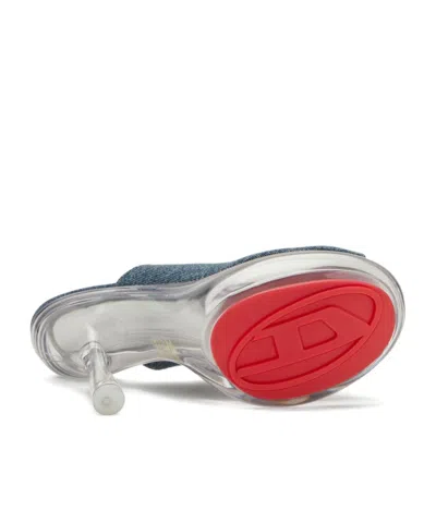 Diesel Denim Peep Toe Platform Mules With Transparent Heel In Blue