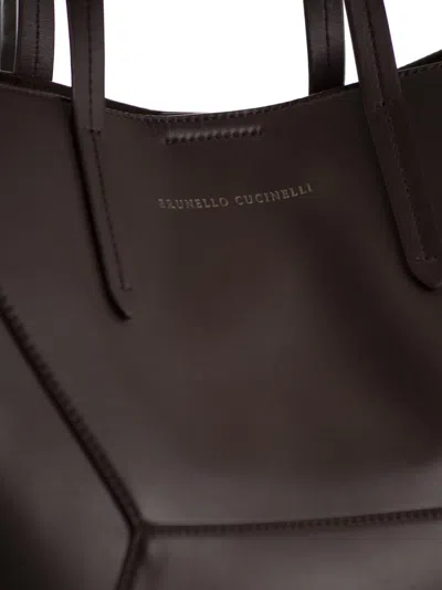 Brunello Cucinelli Geometric Design Leather Tote Bag With Structured Silhouette In Black