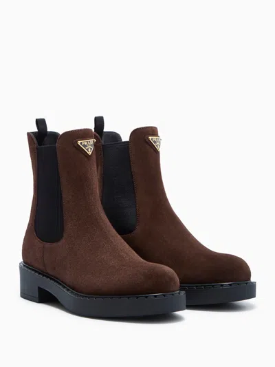 Prada Chocolate Suede Ankle Boots In Brown