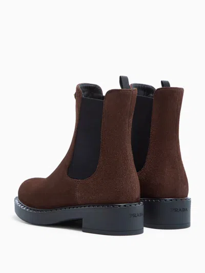 Prada Chocolate Suede Ankle Boots In Brown