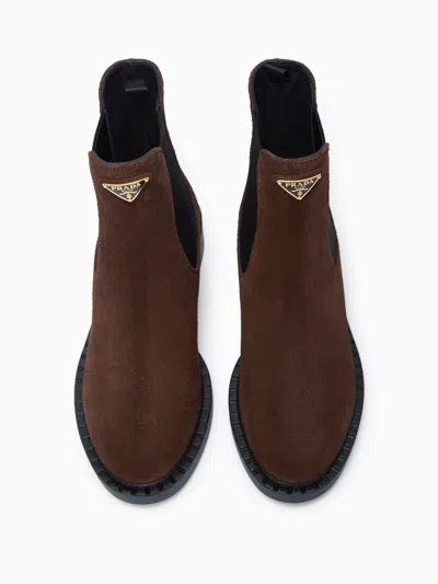 Prada Chocolate Suede Ankle Boots In Brown