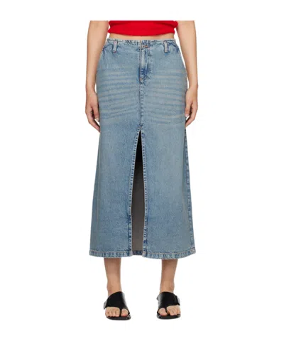 Gimaguas Front-slit Cotton Denim Midi Skirt In Blue
