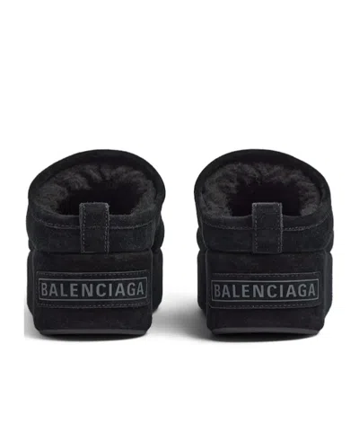 Balenciaga Suede Mules With Rounded Toe And Elevated Platform Sole In Black