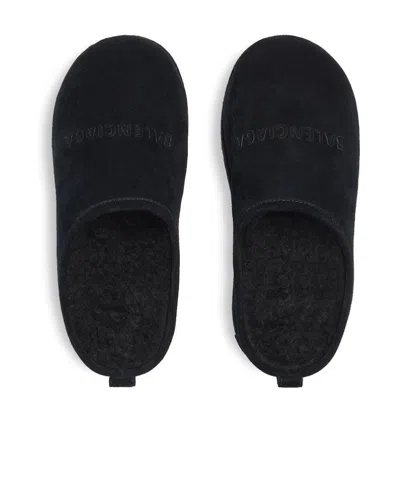 Balenciaga Suede Mules With Rounded Toe And Elevated Platform Sole In Black