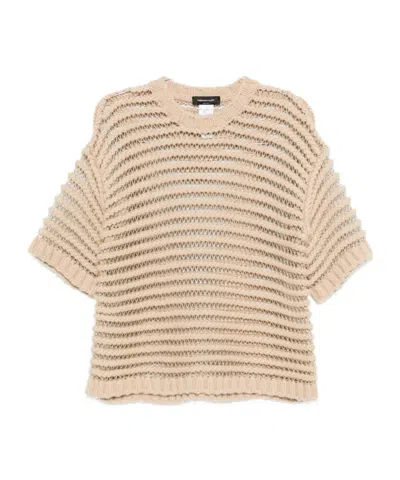 Fabiana Filippi Loose Boxy Knit Top With Horizontal Open-knit Stripes In Neutral