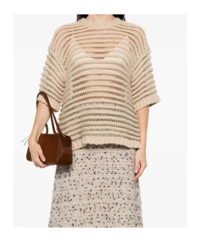 Fabiana Filippi Loose Boxy Knit Top With Horizontal Open-knit Stripes In Neutral