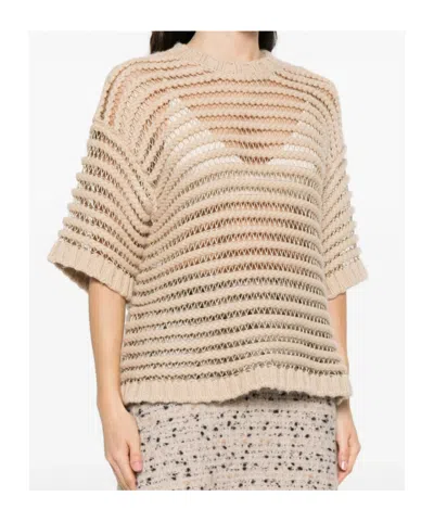 Fabiana Filippi Loose Boxy Knit Top With Horizontal Open-knit Stripes In Neutral