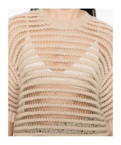 Fabiana Filippi Loose Boxy Knit Top With Horizontal Open-knit Stripes In Neutral