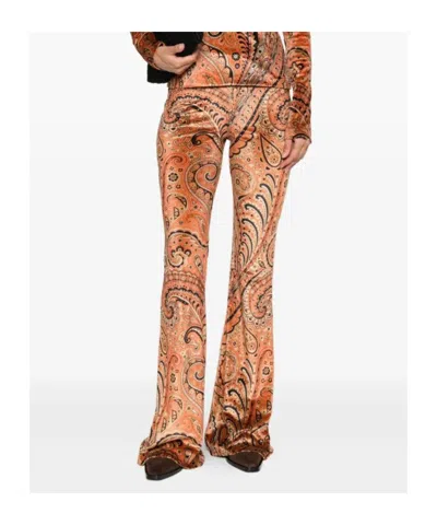 Etro Paisley-print Flared Viscose Trousers In Orange