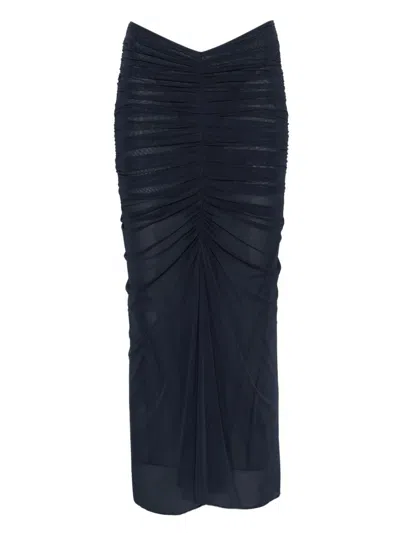 Mugler Black Ruched Mesh Midi Skirt