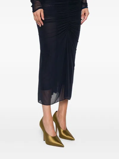 Mugler Black Ruched Mesh Midi Skirt