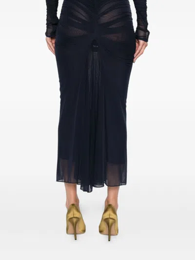 Mugler Black Ruched Mesh Midi Skirt