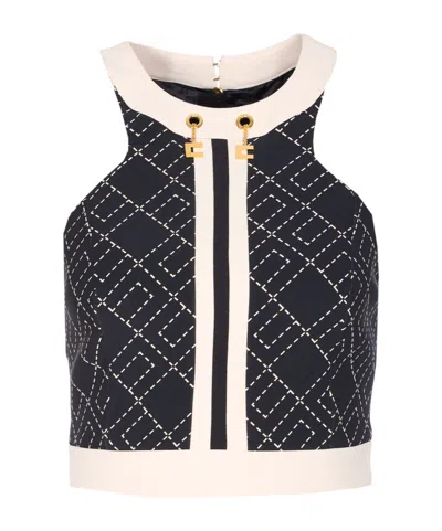 Elisabetta Franchi Charm Detail Crop Top With Geometric Pattern In Black