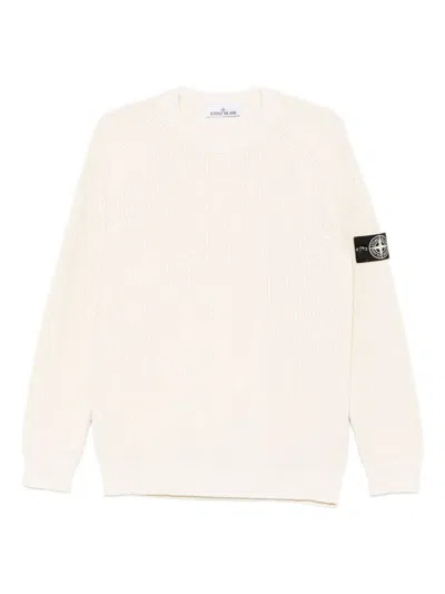 Stone Island High Neck White Sweater With Ribbed Texture And Unique Patch In White