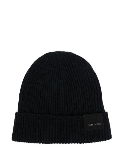 Tom Ford Mens Black Logo-patch Ribbed Cashmere-knit Beanie Hat In Blue