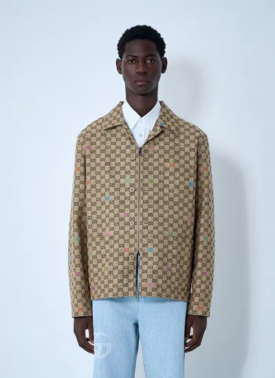 Gucci Beige Shirt With Spread Collar And Two Front Welt Pockets In Gg Canvas Man In Brown
