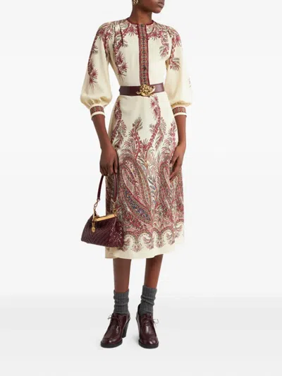 Etro Sable Midi Dress With Floral Paisley Print In Nude
