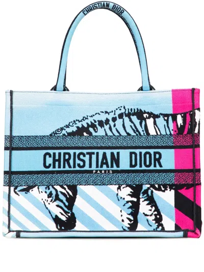 Pre-owned Dior 2022 Medium Embroidered Canvas Zebra D Jungle Pop Book Tote Bag In Blue