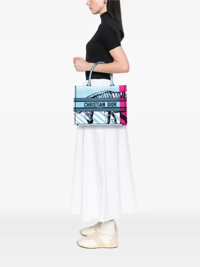 Pre-owned Dior 2022 Medium Embroidered Canvas Zebra D Jungle Pop Book Tote Bag In Blue
