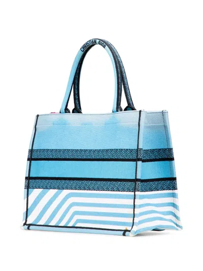 Pre-owned Dior 2022 Medium Embroidered Canvas Zebra D Jungle Pop Book Tote Bag In Blue