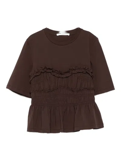 Cecilie Bahnsen Vilde Ruffled Shirred Cotton-jersey T-shirt In Brown
