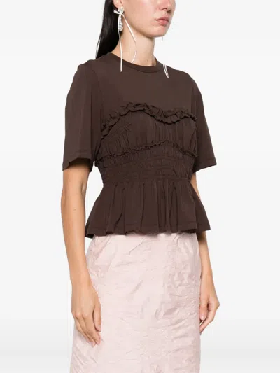 Cecilie Bahnsen Vilde Ruffled Shirred Cotton-jersey T-shirt In Brown