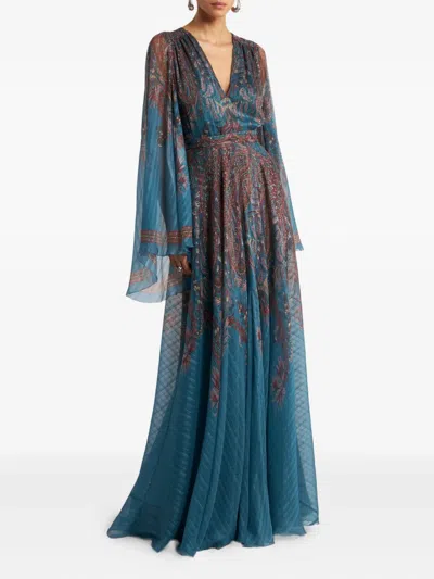 Etro Women Light Blue Paisley Print Pekin Crepon Long Dress