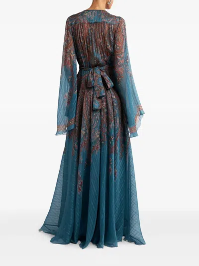 Etro Women Light Blue Paisley Print Pekin Crepon Long Dress