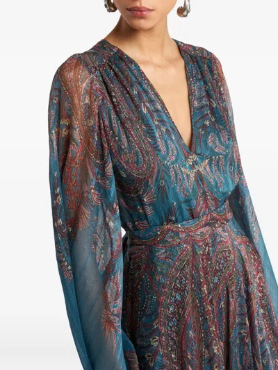 Etro Women Light Blue Paisley Print Pekin Crepon Long Dress