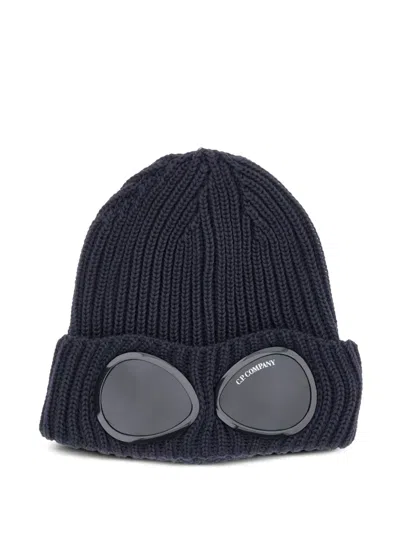 C.p. Company Cable Knit Beanie With Folded Brim And Goggle In Blue