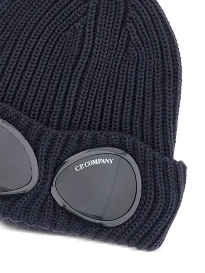 C.p. Company Cable Knit Beanie With Folded Brim And Goggle In Blue