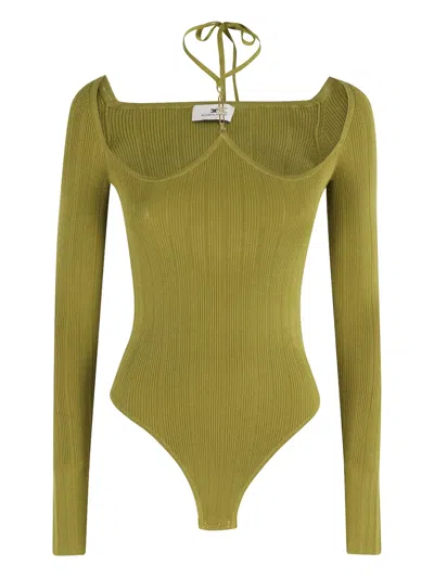 Elisabetta Franchi Bodysuit In Ribbed Knit Fabric With Openwork Details In Green
