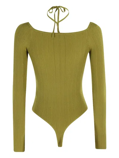 Elisabetta Franchi Bodysuit In Ribbed Knit Fabric With Openwork Details In Green