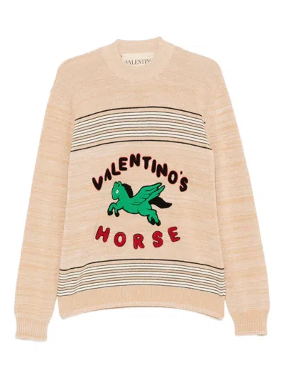 Valentino Pegasus-embroidered Striped Sweater In Neutral