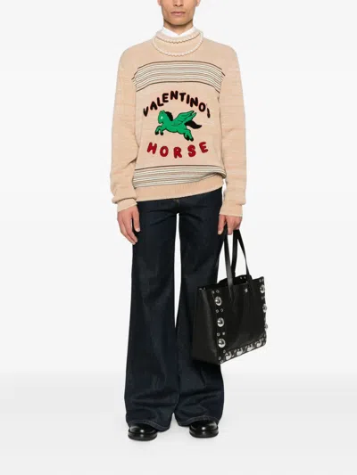 Valentino Pegasus-embroidered Striped Sweater In Neutral