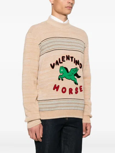 Valentino Pegasus-embroidered Striped Sweater In Neutral