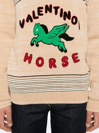 Valentino Pegasus-embroidered Striped Sweater In Neutral