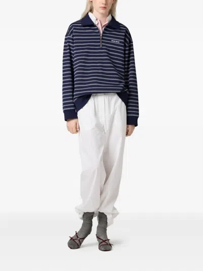 Miu Miu Striped Cotton Sweatshirt With Pointed Collar In Blue
